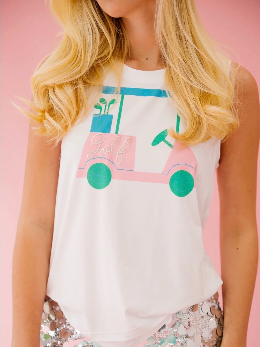 Judith March Womens White Golf Cart Graphic Tank Top Small